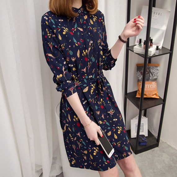 ワンピース シャツワンピース ひざ丈 スタンドカラー ウエストリボン 前開き ボタニカル かわいい 大人可愛い シンプル カジュアル 大人 上品 レトロ 大人カジュアル 大人女子 マニッシュ