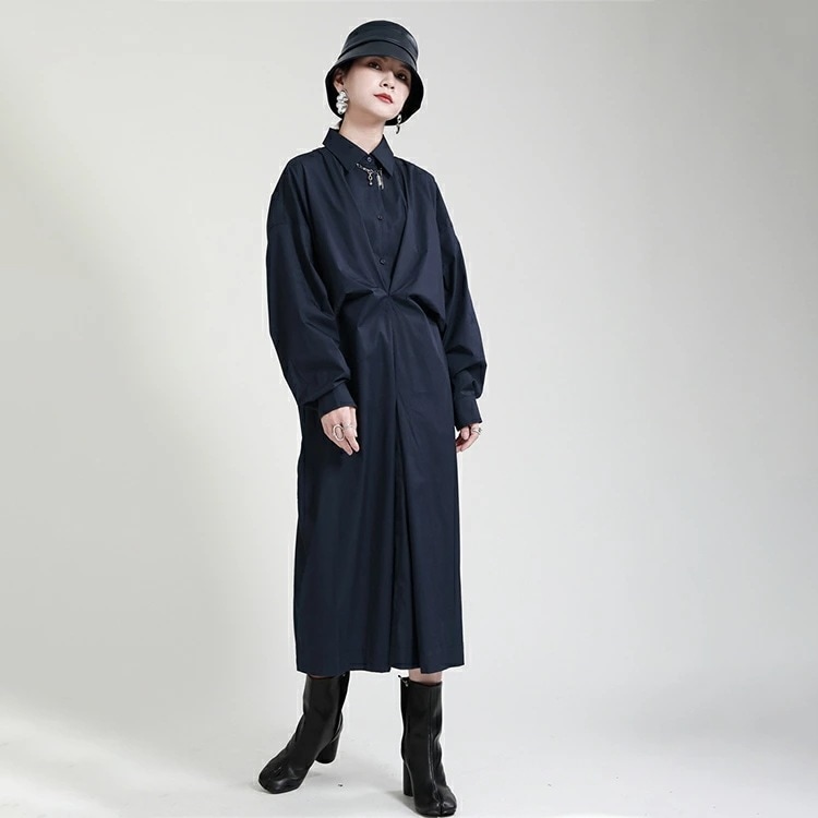 ツイストデザインシャツワンピース レディース 春 ロングワンピース シャツワンピース きれいめ モード系 長袖 シャツ 襟付き トップス アシンメトリー ロング丈 変形デザイン 卒業式