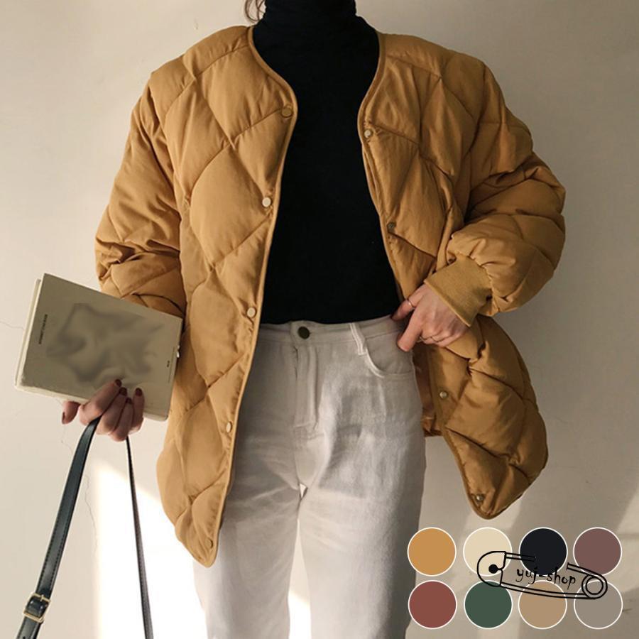 人気沸騰新柄追加 キルティングジャケット レディース 秋 冬 アウター 長袖 オーバーサイズ ノーカラー ミディアム丈 お洒落