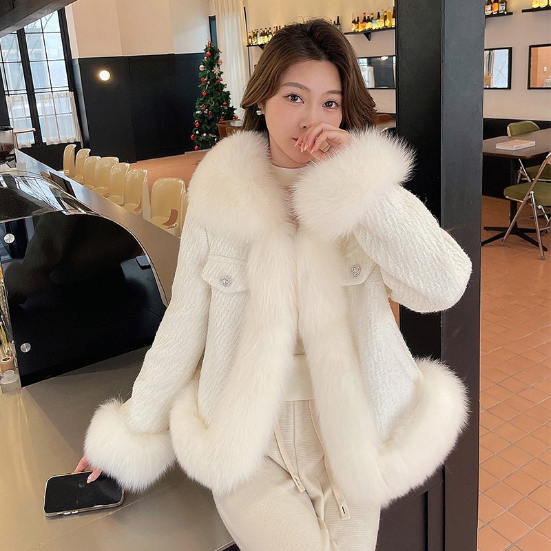 韓国2023秋冬レディス新作きらめくエコキツネファーのモックコート高級感あるトップス