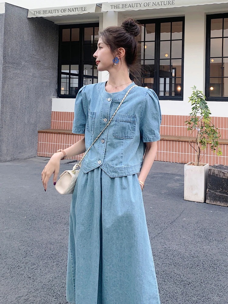 デニムワンピース2着2024夏フェミニンフレンチ高級感トップス半身スカートカバー