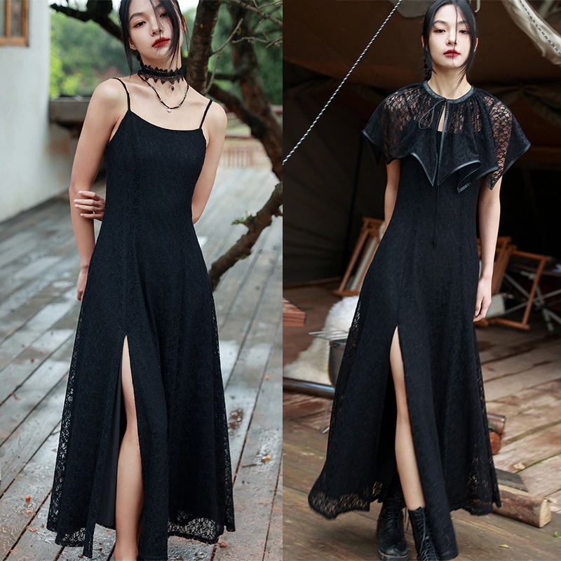 【快速出荷】ゴシック ワンピース ロング 総レースワンピース 黒 キャミワンピース スリット セクシー 着瘦せ