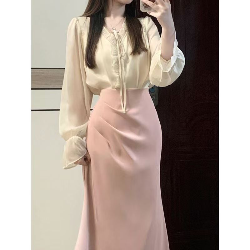 春秋 塩系コーデ 軽熟 香港風 御姐 女神様 優しい風 シャツ スカート 2点セット