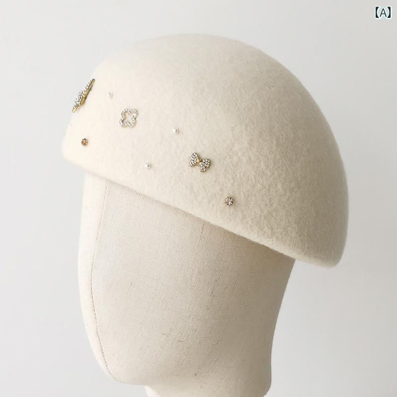 ベレー 帽 おしゃれ かわいい 帽子 レディース 手縫い エレガント ラインストーン 蝶 秋冬 ウール ウール 女性 大きい 頭囲 スチュワーデス