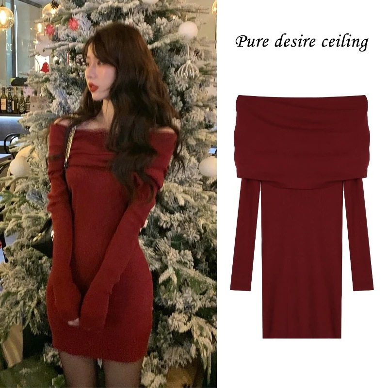 【1つ買うと10つ無料】純粋な小さなバッグヒップスカート女性冬の赤いワンショルダーニットドレススリムスロット 44,255円