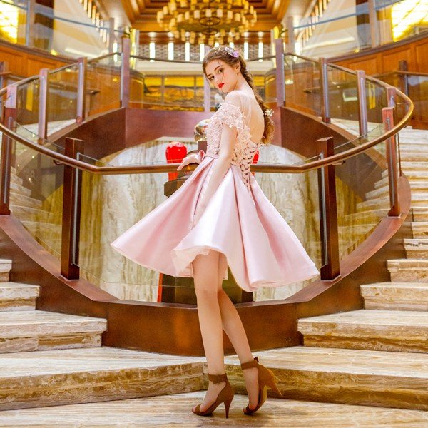 カラーミニドレス 安い 半袖 パーティードレス 花嫁 ミニ 二次会 コンサート 結婚式 カクテルドレス ピンク 演奏会 ウェディングミニドレス サッシュリボン