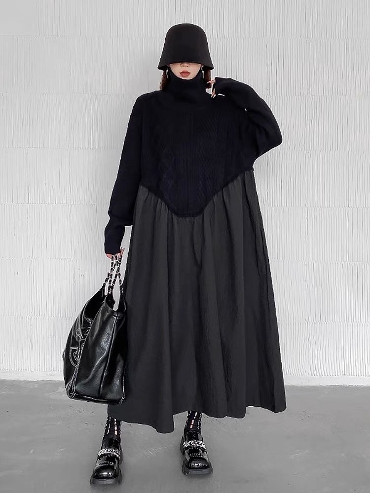 異素材ドッキングニットワンピース ロング ワンピース レディース 秋冬 長袖 タートルネック ニット スカート マキシ丈ワンピース ロングワンピ 個性的 モード系 変形 アシンメトリー 切り替え長袖ロング・マキシ丈ワンピ