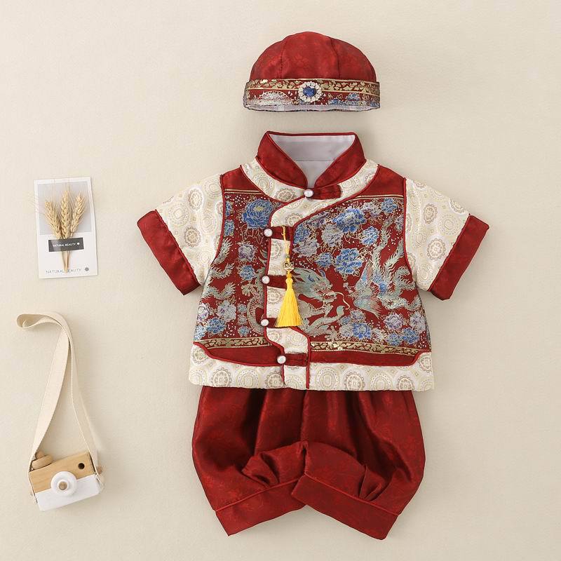 男の子用夏物一歳のお祝い唐装ベビー用中国風礼服男の子用半袖短パン中華風漢服