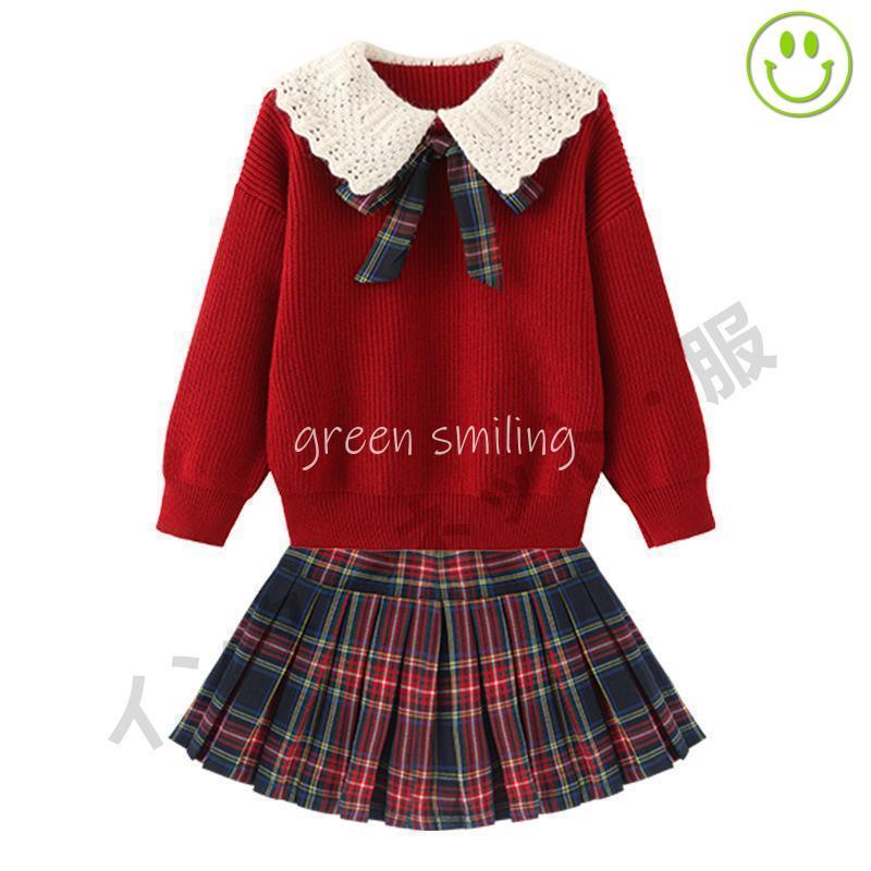 女の子 長袖 セーター チェック 2点セット 上下セット ニット ショートワンピース 子供 韓国風子供服 カジュアルコーデ 秋 冬