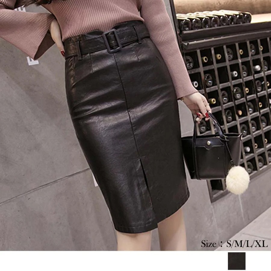 人気の新作先行発売スリット ハイウエスト 秋冬 レザースカート タイトスカート ベルト ひざ丈【短納期】