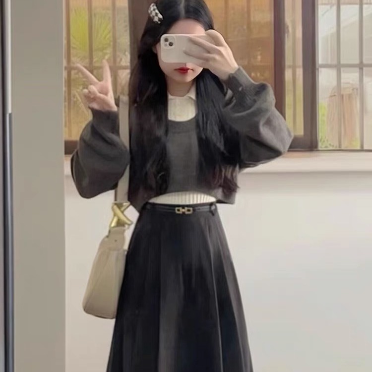 ハイエンドのカスタマイズ-秋冬レディースティースタイル衣装韓流ドラマカレッジスタイルのリッチお嬢様気質のツーピーススーツスカート一式