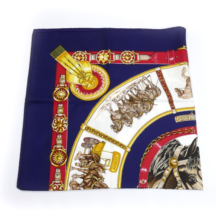 HERMES エルメス カレ90 CHEVAUX DE TRAIT 輓馬 スカーフ ネイビー