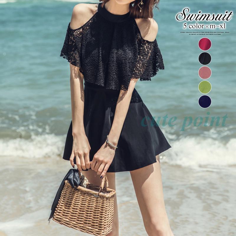 水着 紫外線防止対策 水着セット 水着インナー ワンピース水着 オフショル Uネック レース シースルー レッド 黒 ショーツ一体型 タンキニ リゾート夏 ビー