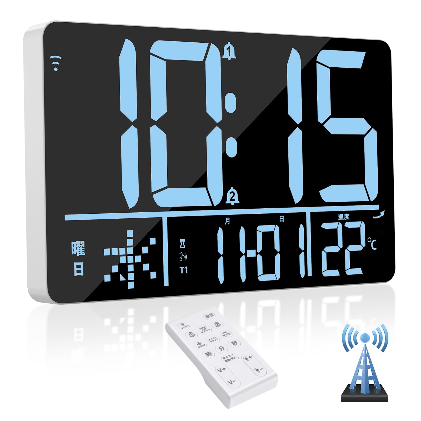 デジタル時計 WiFi 自動時刻修正 電波 大型 13インチ 4段階調光 2組アラーム 25種音楽ベル 4段階音量調節 デジタルカレンダー スヌーズ タイマー 音声アナウンス 置き掛け兼用 温度付き