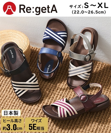 ストラップ リゲッタスマイル　ストライプゴムローヒールサンダル ゆったりワイズ