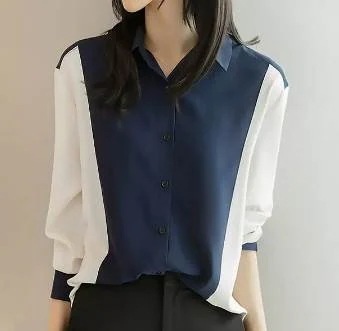 バイカラー トップス シャツ ブラウス 袖あり 長袖 バルーンスリーブ 襟付き ストレート ボタン