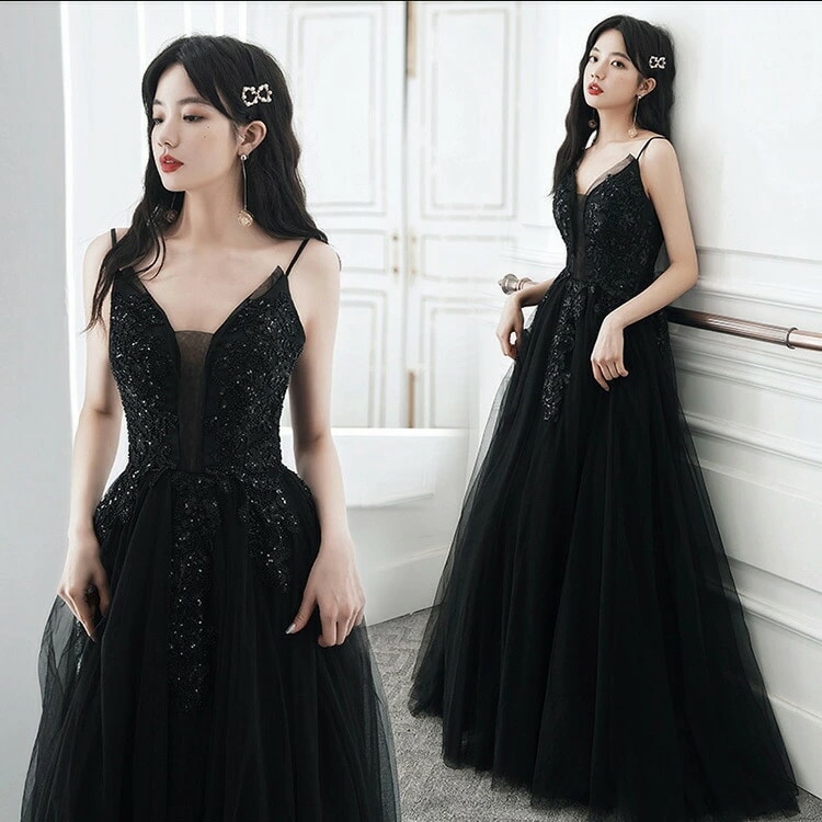 イブニングドレス 黒 発表会ドレス ロングドレス ノースリーブ キャミドレス ブラック Vネック セクシー パーティードレス ロング ビーズ 二次会ドレス 演奏会ドレス コンサート コンクール