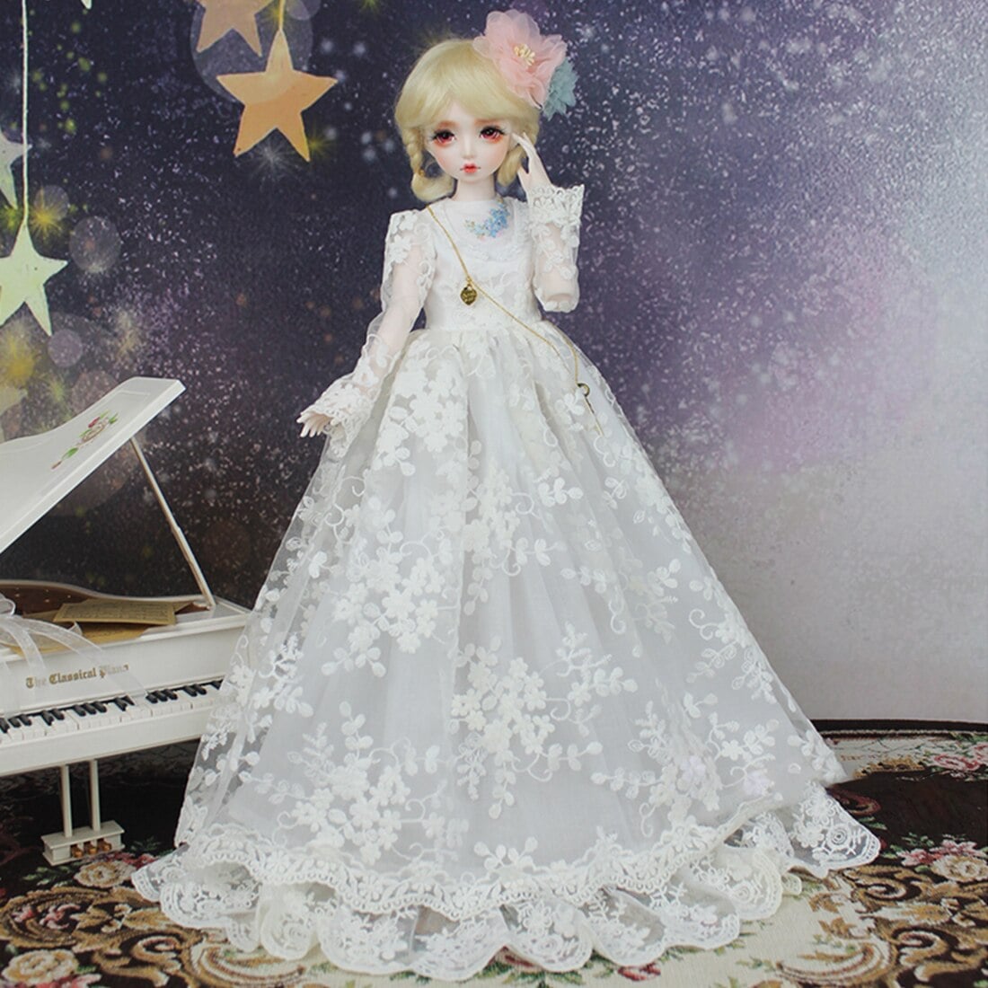 刺繍白のウェディングドレス1/3のための1/4 bjd人形脳トレーニングのおもちゃ子供知育玩具誕生日プレゼント-いいえ人形