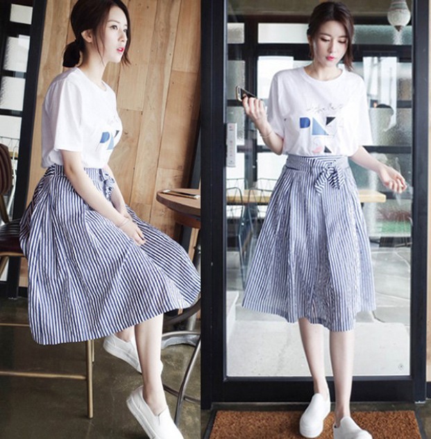 【在庫僅少】 春と夏のドレス2020年の女性の新しい小さな新鮮なAラインスカート韓国学生ストライプツーピーススーツミドル丈 ワンピース・ドレス