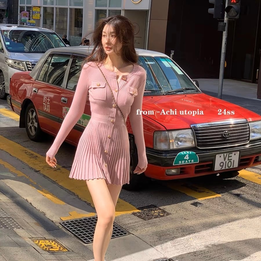 粉っぽい ブラック 丸型 ネックライン ニットドレス 長袖 上品 ウエスト スリミング Aラインドレス プリーツスカート ショートスカート 2024 新着商品長袖ミニ・膝丈ワンピ