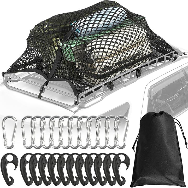 カーゴネット 車 90x120cm 2重キャンプインストラクター監修 簡単設置で時短絡まないABS製フックx12 ステンレス製カラビナx12 収納ポーチ付属 ルーフラック ルーフネット