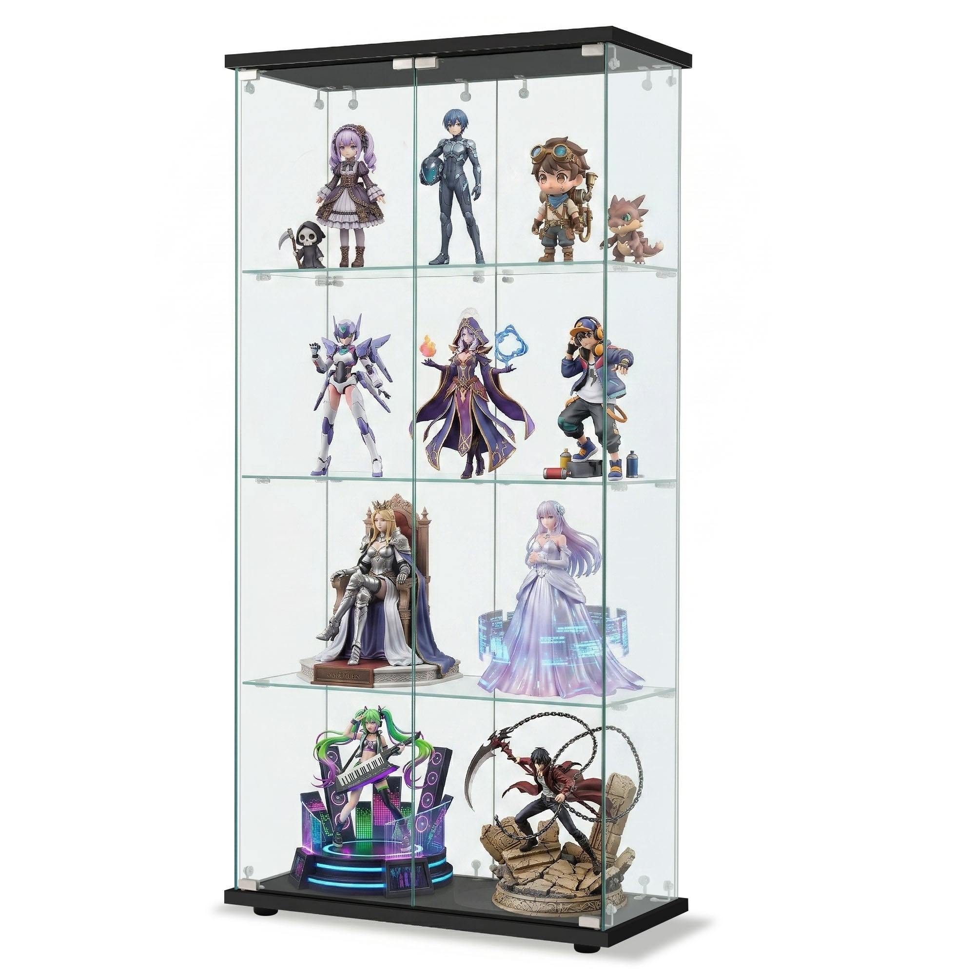 【国内出荷は送.料.無.料】コレクションケース 両扉タイプ 大型 ワイドタイプ ガラスディスプレイキャビネット フィギュアケース 4段 強化ガラス 全面ガラス サイズ:幅80.5×奥行36.5×高さ1