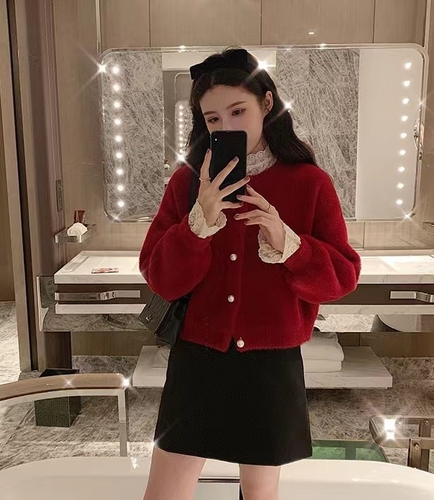 セーター カーディガン 長袖 ラウンドネック 襟なし モコモコ ふわふわ 前開き 厚手 かわいい 大人可愛い きれいめ シンプル カジュアル おしゃれ お洒落 大人可愛い 大人女子 こなれ感 ラフ