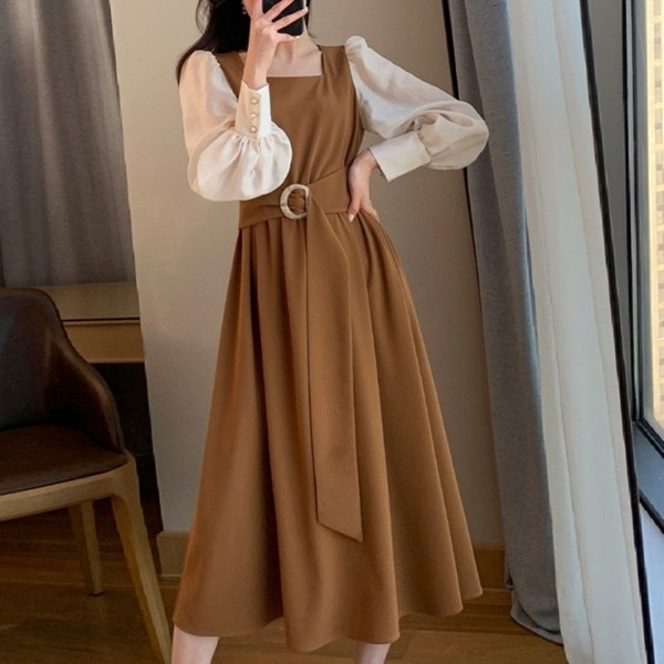 フェイクレイヤードスクエアネックドレス レディース ワンピース ドレス フレアスカート ロングスカート ロング 長袖 パフスリーブ スクエアネック Aライン ベルト バイカラー 大人可愛い きれいめ