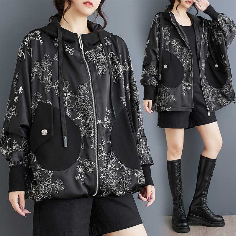 「ファットガール」 2024秋新品 パーカー ジップ 刺繍 ジャケット 大きいサイズ 体型カバー レディース ドッキング ファスナー アウター コート マウンテンパーカー メガ割30%までに制限