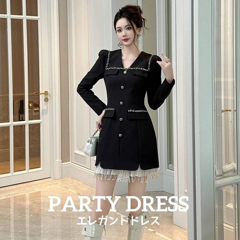 新着 パーティードレス 宴会 上品 きれいめ エレガントドレス レディース ワンピース 着痩せ シングルブレスト ショート丈ワンピース フレンジ ロングスリーブ スーツワンピース 感 お呼ばれ 忘