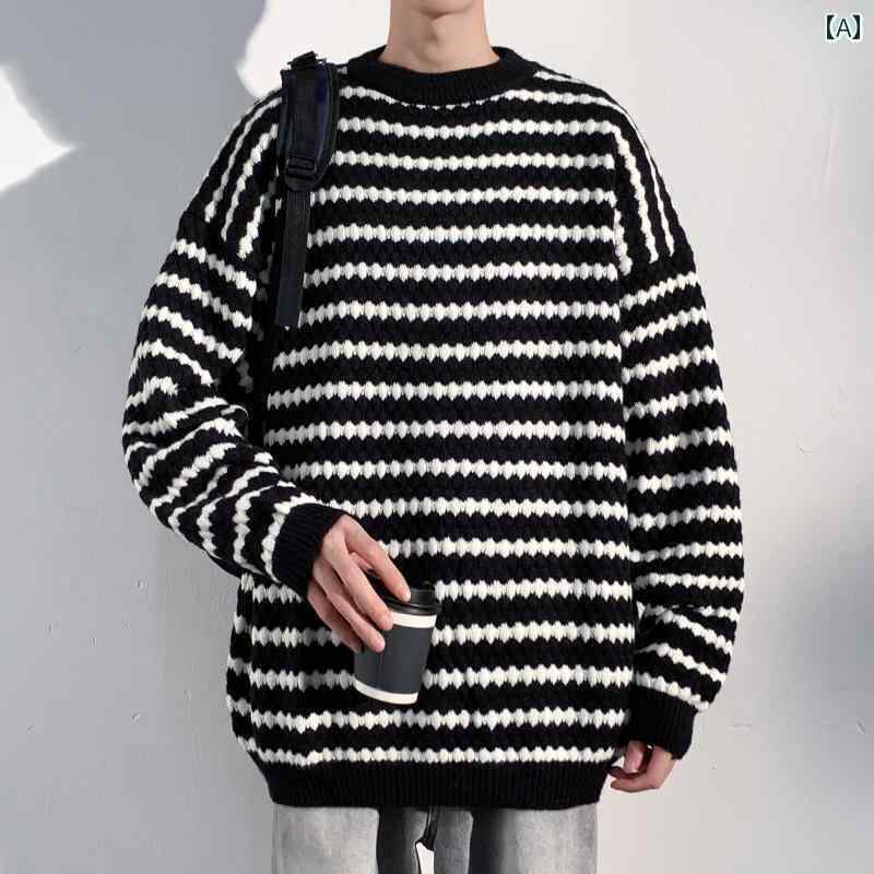 メンズ トップス ニット 秋冬 暖かい おしゃれ デイリー カジュアル 大きいサイズ ラウンドネック プルオーバー ストライプ カラー ブロッキング セーター 長袖 セーター