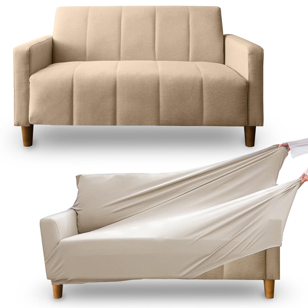 アイリスプラザ ソファ 2人掛け 幅113cm 高さ12cm ロボット掃除機も通れる かんたん組立 1人用にも ベージュ ＋ ソファカバー 2人掛け かけるだけの簡単ソファカバー 伸縮素材伸 自宅で丸