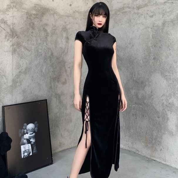チャイナドレス ワンピース ワンピドレス ロング丈 袖あり 半袖 スリム タイト デザイン ウエストゴム 美ライン ニュアンス レースアップ スリット ベロア スタイルアップ かわいい 大人可愛い