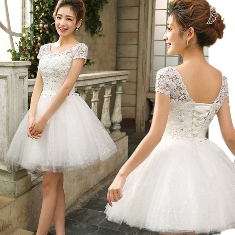 ミニドレス 白 花嫁 ウェディングミニドレス半袖 安い ウェディングドレス 披露宴 プリンセス 結婚式 二次会 パーティードレス ミニ 演奏会 コンサート 発表会
