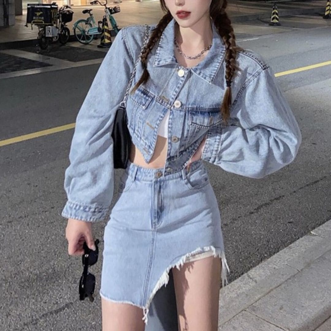 スカート ボトムス アウター 上下別売り セットアップ ジャケット デニムジャケット デニムスカート Gジャン 上着 ミニ丈 ショート丈 袖あり 長袖 襟付き タイト 細身 ハイウエスト おしゃれ