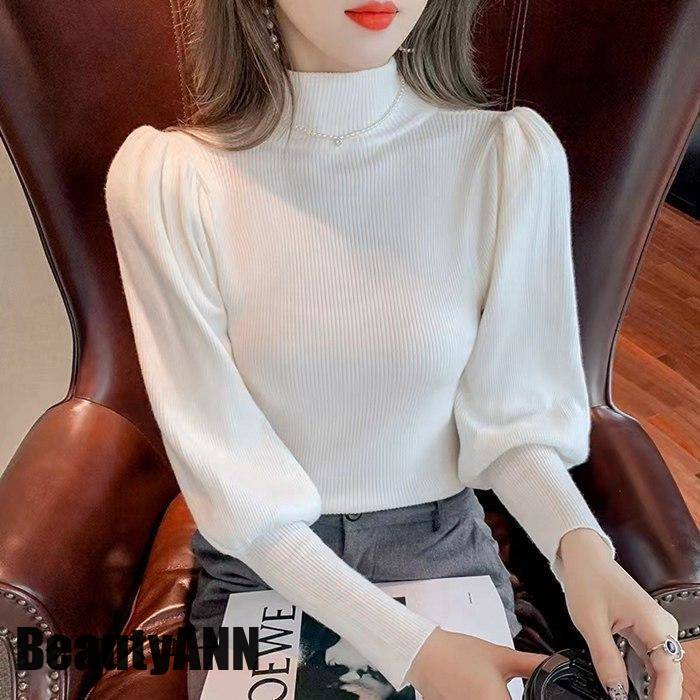 新生活 ニット レディース パフスリーブ 長袖 リブニット プチック バルーン袖 無地 トップス ボリューム袖 コーデ 秋 冬 春 プレゼント ギフト