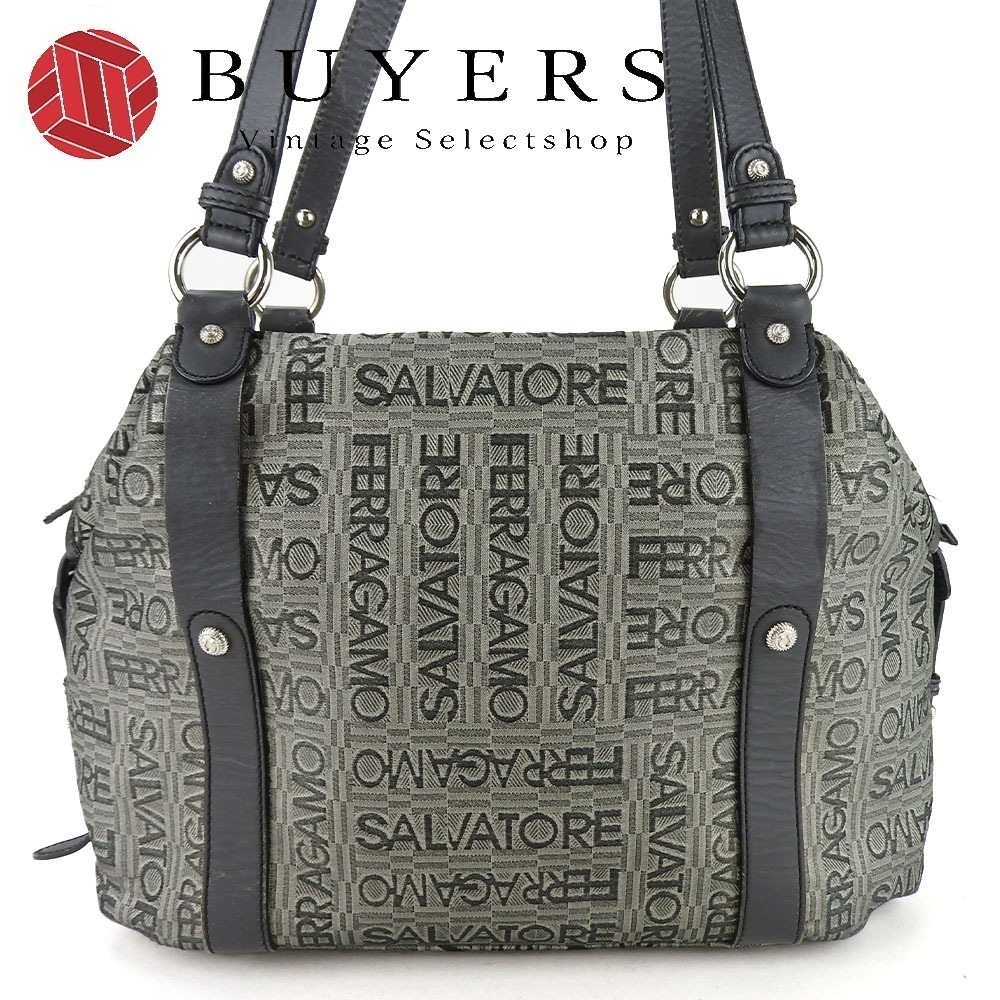 中古 トートバッグ GD-21A345 キャンバス レザー グレー シルバー金具 総柄 カジュアル レディース 女性