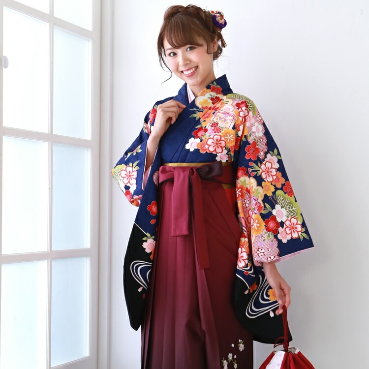 レンタル卒業式 袴 レンタル 女 袴セット 女 卒業式袴セット2尺袖着物＆袴 フルセットレンタル 安い 紺地に桜と鞠とつづら 綸子 19,900円