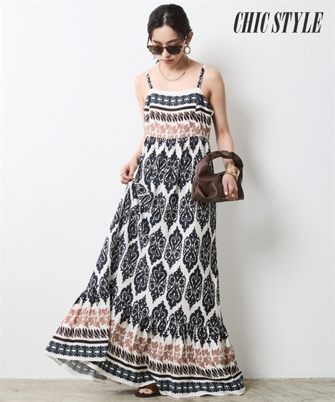 ロング・マキシ丈/半袖 パネルプリントキャミソールワンピース 大きいサイズ有 シックスタイル