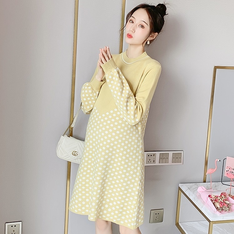 【送料無料】マタニティ ドット ニット ワンピース パフスリーブ バイカラー レディース