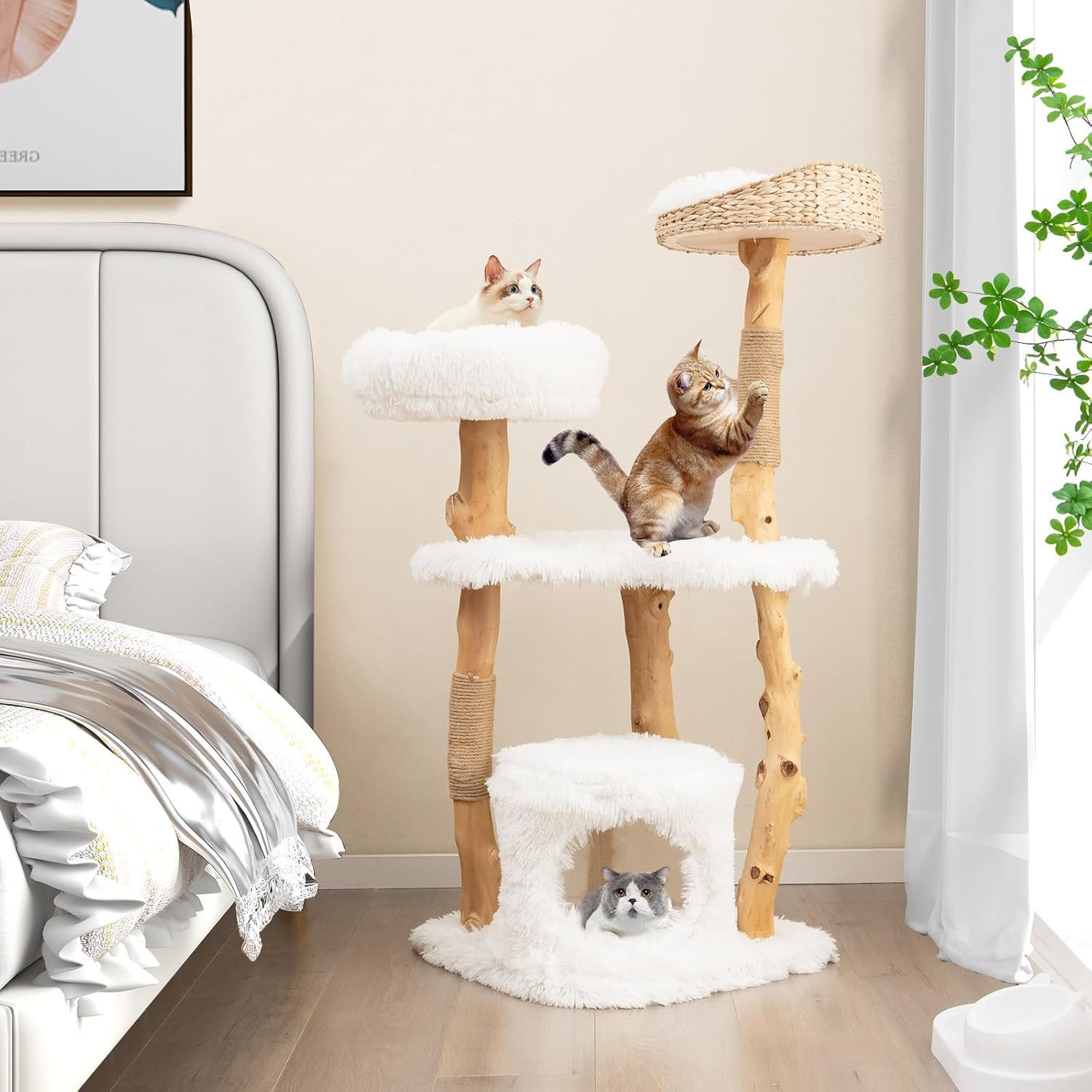 キャットタワー 高さ124cm 木製 ふわふわ生地 ネコタワー 猫ハウス 多頭飼い 据え置き ガマ編みの巣 猫ハウス 猫部屋 猫タワー 爪とぎ 爪磨き 爪研ぎ 安定 コンパクト 可愛い 運動不足解消