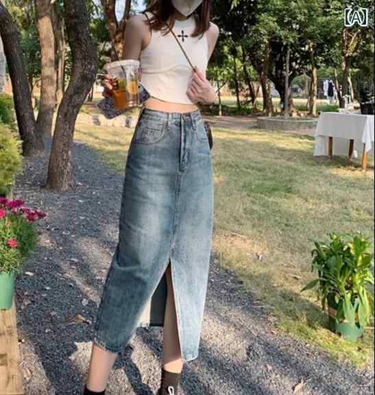 デニムスカート ロング aライン レディース かわいい おしゃれ カジュアル レジャー ハイウエスト スリット 秋 ミドル丈 ヒップカバー 小柄 青 黒