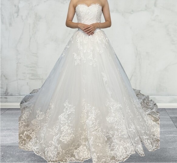 実例写真！2ways ウェディングドレス ベアトップ オーバースカート マーメイドライン 流れる透け花レース 花嫁 前撮り