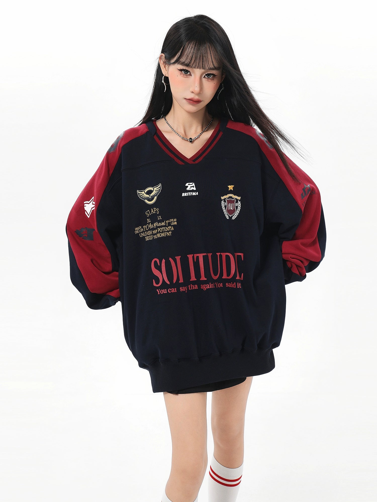 2025春夏 トップスバイカラー長袖TシャツかわいいK-POP黑白レディース韓国風ロゴ衣装ルーズゆったりカジュアルおしゃれサイズ袖グラフィックシルエットファッション系サイドシャツフット春スポーツT
