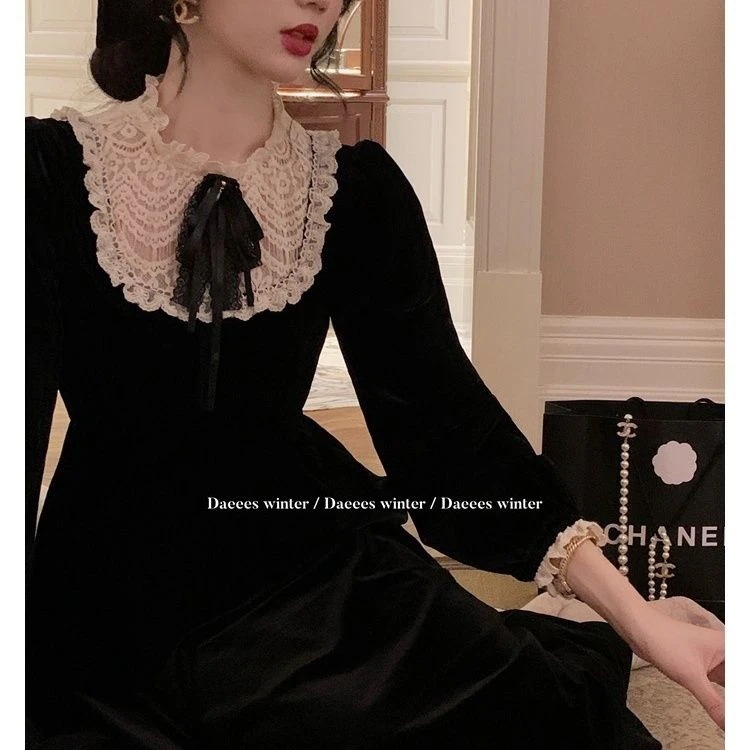 厚手冬のワンピース高級感レディースヘップバーンスタイルレース秋冬フランスファッションワンピース春 夏 おしゃれ