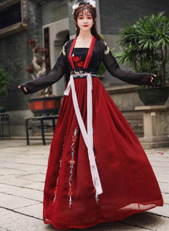 中国コスプレ衣装　黒赤系　羽織＋スカート　中国古代衣装　華流舞台ステージ服　中華服　中華ドレス　チャイナドレス　刺繍漢服唐装　中華宮廷衣装　チャイナ風変装仮装　古典ダンス衣装　送料無料