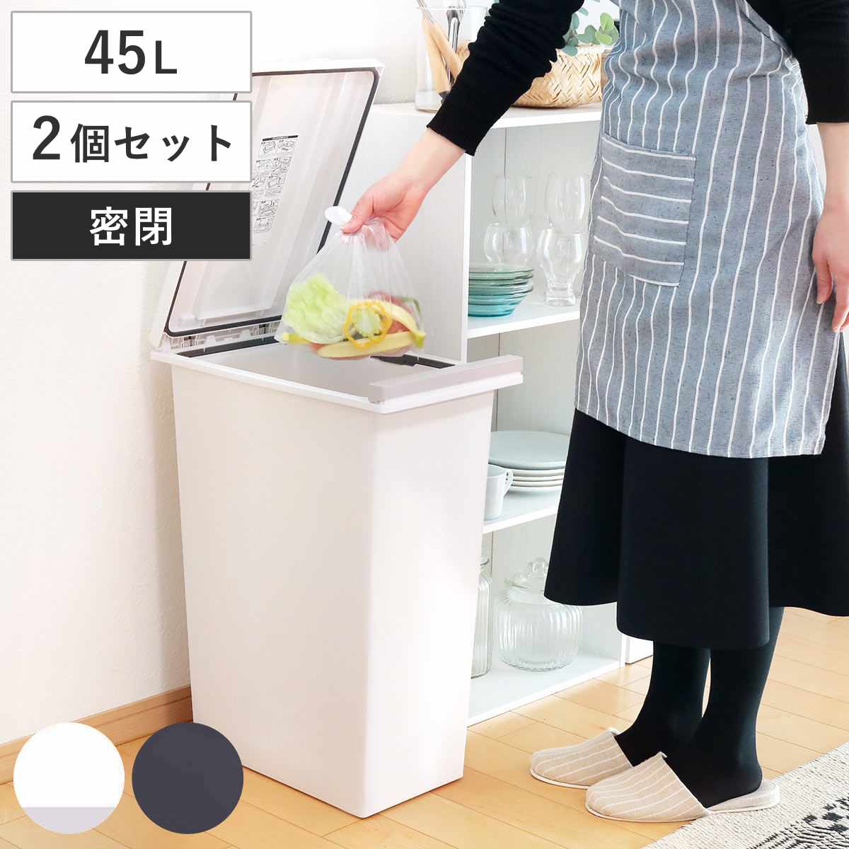 ゴミ箱 45L 同色2個セット 密閉プッシュペール エバン ごみ箱 45リットル ニオイ漏れ 防止 密閉 スリム シンプル 分別 ワンタッチ パッキン EBAN 袋止め付き 押し蓋 臭わない