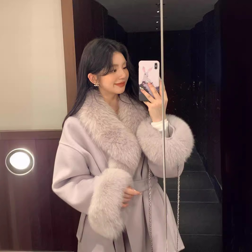 【急速出荷】冬の新型両面カシミヤコート女性高級キツネ毛の小柄なウールの毛皮コート