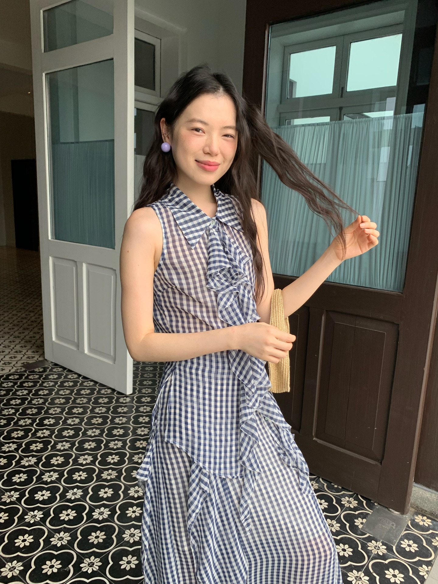 夏フレンチ薄手透視レトロ気質減齢格子ノースリーブシャツS5593