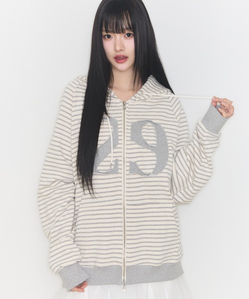 【ILLIGO】 129 LOGO PATCH HOODIE ZIP-UP STRIPE IVORY 正規品